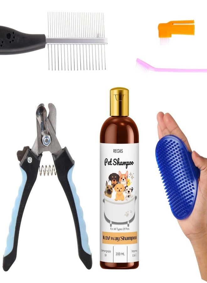 مجموعة ريجيس للعناية بالحيوانات الأليفة، مجموعة شامبو 5 في 1 للكلاب مع مقص أظافر، مشط معدني، فرشاة، فرشاة أسنان، 200 مل شامبو عشبة الليمون لتخفيف الحكة لجميع أنواع الحيوانات الأليفة - Image 1